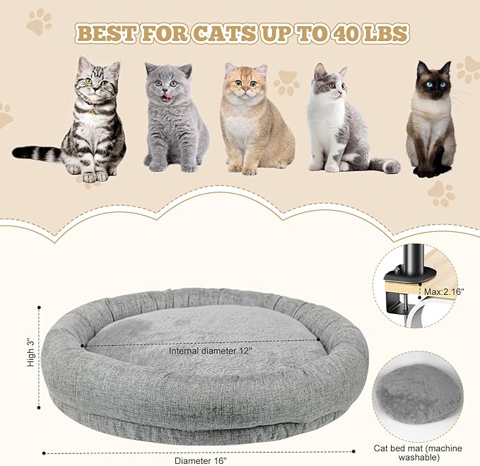 Cuipingoo Cat Bed - with 360 Rotation & Adjustable Height - Soft & Comfortable - Indoor Cats Up to 40 lbs (Grey)