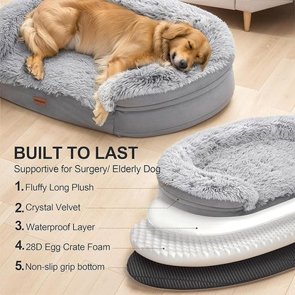 iweepet 3.7 inch Thickened Orthopedic Dog Beds for Extra Large Dogs, Fluffy Supportive Dog Sofa Bed with 28D Egg-Crate Foam, Removable Washable Cover, Waterproof Lining, Cozy Oval Design,Grey