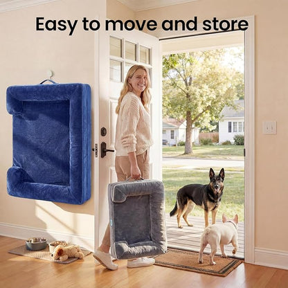 OhGeni Orthopedic Dog Bed Couch Big Cat Sofa for Extra Large Sized Pets with Memory Foam, Machine-Washable Waterproof Removable Cover, Soft Comfortable Fabric, 44-inch (Blue)