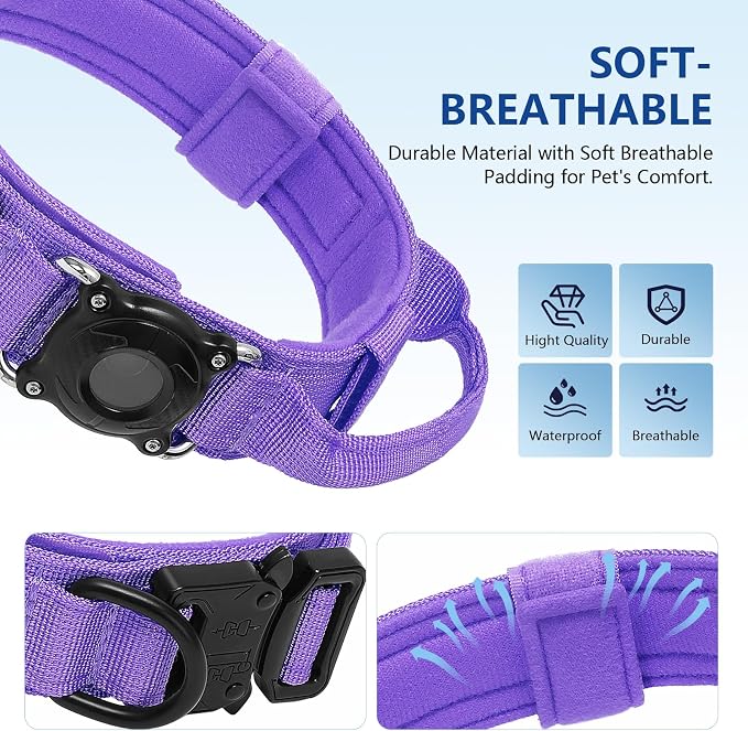 Tactical AirTag 2nd Gen (2026) & 1st Gen Dog Collar, 100% Waterproof Integrated Apple Air Tag Dog Collars with Hard PC AirTag Holder, Adjustable Military Collar with Handle, for Large Dogs(Purple,XL)
