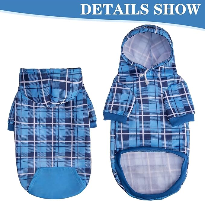 EXPAWLORER Plaid Dog Hoodie - British Style Warm Dog Sweater Shirt with Leash Hole,Pitbull Clothes Outfits,Winter Coat Apparel for All Breeds Puppy Girl Boy-Cat Apparel,Blue S-Medium
