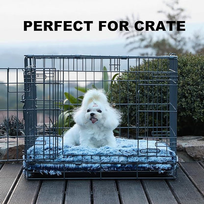 Bedfolks Plush Dog Crate Bed, Washable Cover, Faux Fur Pad, 21"x13", Dark Blue