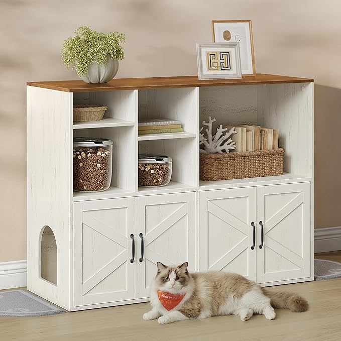 Feandrea Litter Box Enclosure for 2 Cats, Hidden Litter Box Furniture with Storage Cabinet, Double Room, Farmhouse Indoor Cat House Washroom, Honey Brown and Rustic White UPCL032WJ03