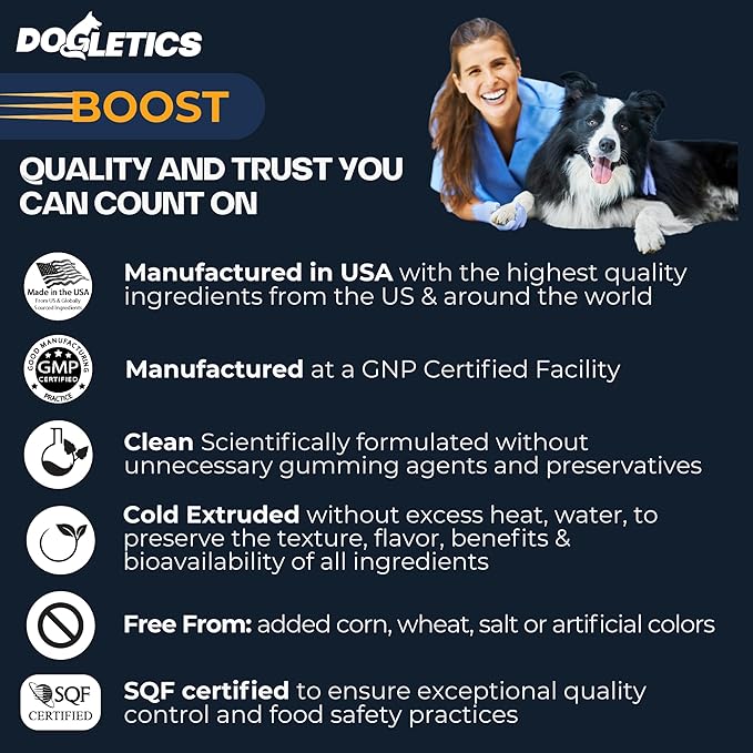 Boost Active Dog Support: Improve Energy, Endurance, Recovery & Longevity- 90ct USA Made with Real Bacon