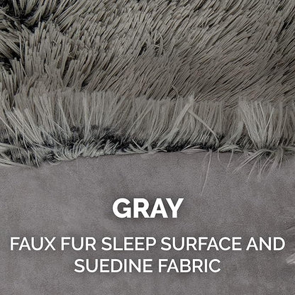 Furhaven Self-Warming Cat Bed for Indoor Cats, 4-Beds-in-1 & Washable - Plush Long Faux Fur Convertible Cuddler - Gray, Small