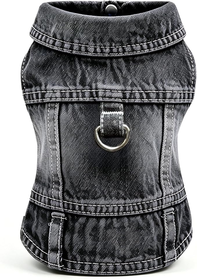 Dog Jean Jacket, Blue Denim Shirt Classic Lapel Vest Coat Costume Puppy T-Shirt, Comfort Tank Top Cool Apparel, Washed Pet Clothes for Dogs Boy Girl (Black with D-Ring, XX-Large)