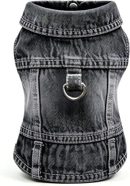 Dog Jean Jacket, Blue Denim Shirt Classic Lapel Vest Coat Costume Puppy T-Shirt, Comfort Tank Top Cool Apparel, Washed Pet Clothes for Dogs Boy Girl (Black with D-Ring, Medium)