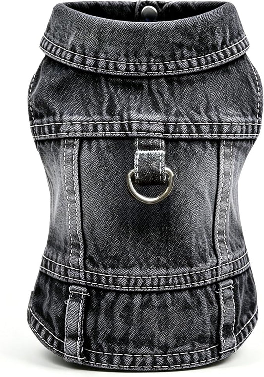 Dog Jean Jacket, Blue Denim Shirt Classic Lapel Vest Coat Costume Puppy T-Shirt, Comfort Tank Top Cool Apparel, Washed Pet Clothes for Dogs Boy Girl (Black with D-Ring, Medium)