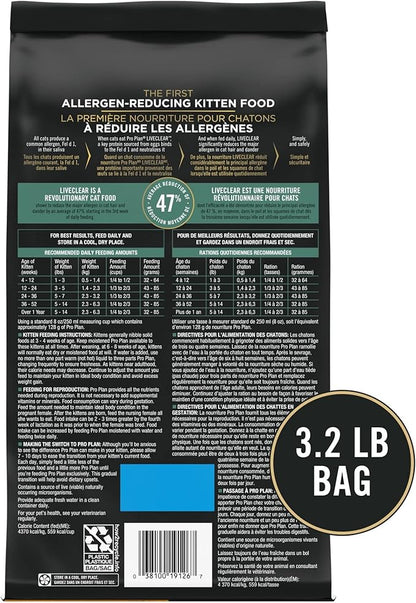 Purina Pro Plan LiveClear Dry Cat Food for Kittens Cat Allergen Reducer Chicken and Rice Formula - 3.2 lb. Bag
