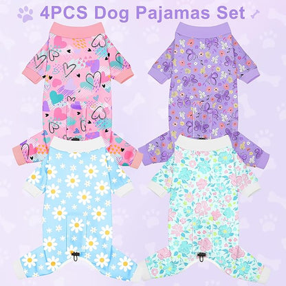Bienbee Dog Pajamas, 4 Pack Dog Recovery Suit Shedding Suit Cute Soft Puppy Clothes Dogs Pjs Onesies Jammies Adjustable Breathable & Stretchy Clothes for Small Medium Large Dogs Girl Boy Puppy-3XL