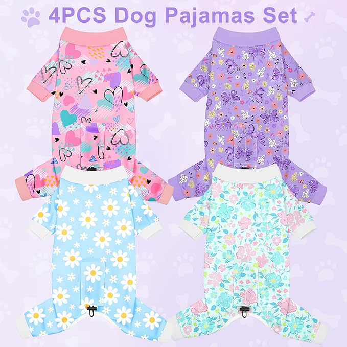 Bienbee Dog Pajamas, 4 Pack Dog Recovery Suit Shedding Suit Cute Soft Puppy Clothes Dogs Pjs Onesies Jammies Adjustable Breathable & Stretchy Clothes for Small Medium Large Dogs Girl Boy Puppy-XL