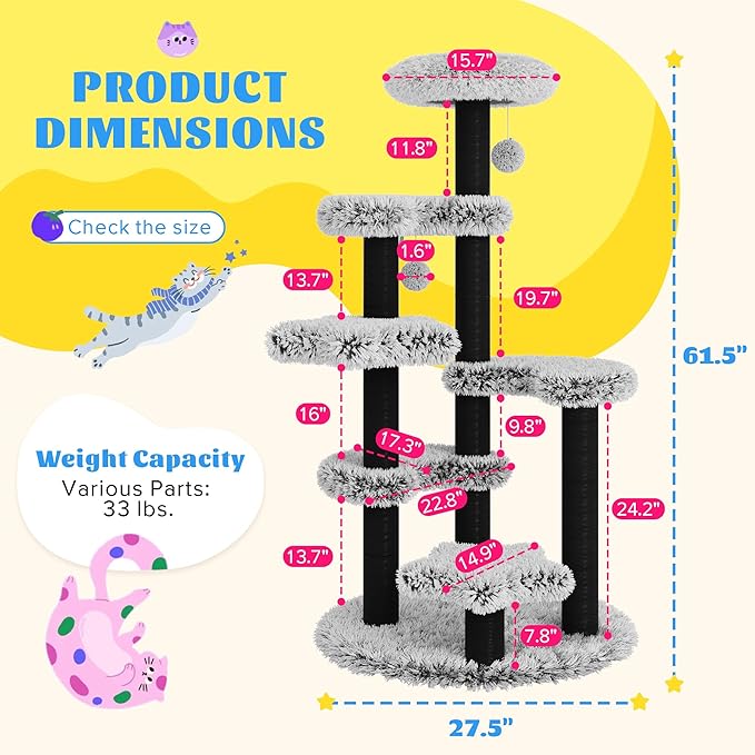 SHA CERLIN 61.5in Cat Tree Tower, Multi-Level Activity Center with Cozy Perch, Star-Shaped Platform, Moon Jumping Board, Sisal Scratching Posts, Hanging Toy Balls for Indoor Feline, Black and White