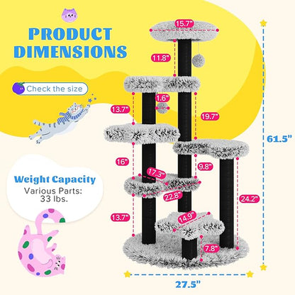 SHA CERLIN 61.5in Cat Tree Tower, Multi-Level Activity Center with Cozy Perch, Star-Shaped Platform, Moon Jumping Board, Sisal Scratching Posts, Hanging Toy Balls for Indoor Feline, Black and White