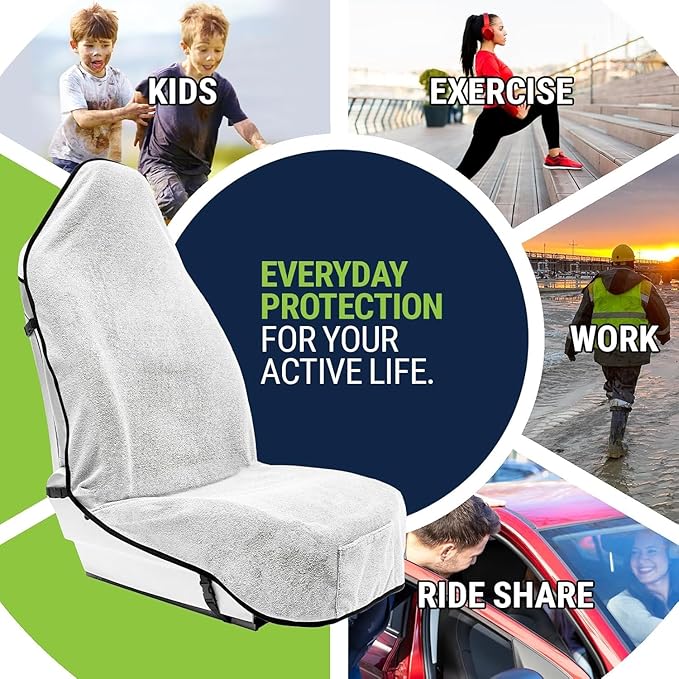 Season Guard Waterproof Towel Seat Cover with Non Slip Grip - Washable Carseat Protector Great for Gym Workout - Universal Terry Cloth Seat Cushion with Pocket Fit for Car SUV Van Truck 1pcs White