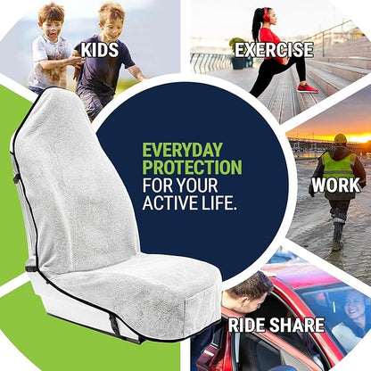 Season Guard Waterproof Towel Seat Cover with Non Slip Grip - Washable Carseat Protector Great for Gym Workout - Universal Terry Cloth Seat Cushion with Pocket Fit for Car SUV Van Truck 1pcs White
