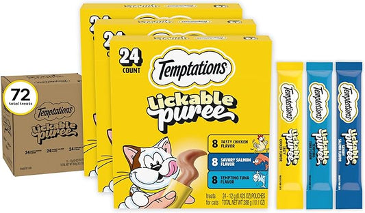 Temptations Creamy Puree Squeezable Lickable Cat Treats, Wet Cat Treats with Chicken, Salmon, and Tuna Variety Pack, 0.42 oz. Tubes, 24 Count, Pack of 3 (72 Total)