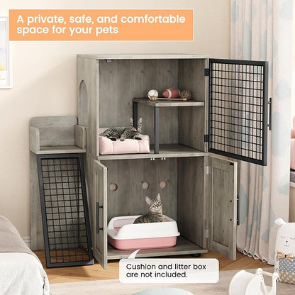Cat Litter Box Enclosure Furniture with Double Layer Design, Hidden Litter Box & Lounge Villa for Indoor Cats - Includes Ladder, Platform, and Washroom Space for Living Room, Gray