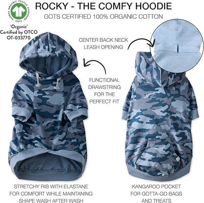 Pet Passion Rocky – The Original Lightweight Hooded Tee 100% Organic Cotton Dog Hoodie Pet Coat Sweater for All Sized Dogs, Navy Camo, XX-Small (4-7 lbs)