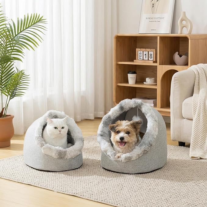 Avont Cat Bed Cave for Indoor Cats, Semi-Enclosed Cat House with Anti-Slip Bottom & Removable Washable Cushion, Warm Plush Cat Tent for Medium Cats & Small Dogs -L