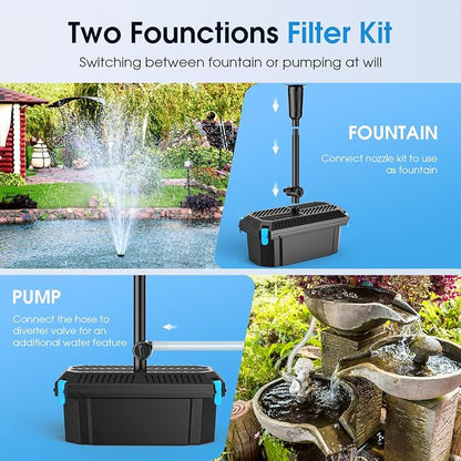 Pond Filter with Pump Fountain Kits, 660GPH Pond Filter with 40W Pond Pump & Fountain Kit, Koi Pond Filters for Outdoor Ponds Clean, Clear, and Add Water Features(Corded Electric)