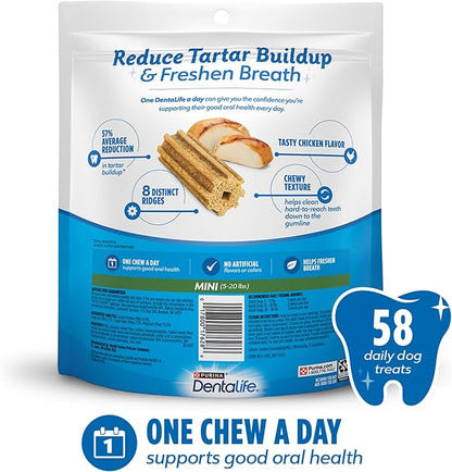Dentalife Daily Oral Care Dog Treats for Small Dogs 5-20 lbs.,Chewy Dental Treat to Freshen Breath and Fight Tartar,Chicken Flavor,17.1 oz.,58 Chews - 58 ct. Pouch,(Pack of 2)