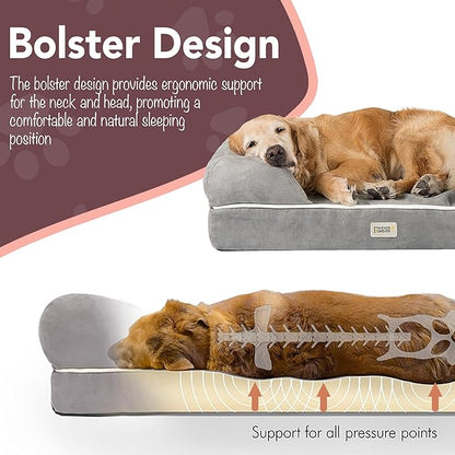 Chester Large Dog Bed - Orthopedic Memory Foam Mattress, Calming Couch, Wall Rim Pillow, Water Resistant, Washable Cover, Non-Slip, Khaki Beige