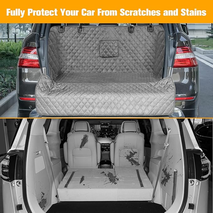 PETICON SUV Cargo Liner for Dogs, Waterproof Pet Cargo Cover Dog Seat Mat for SUVs Sedans Vans with Bumper Flap Protector, Non-Slip, Large Size Universal Fit, Gray