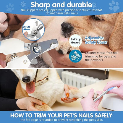 Aglads 3PCS Cat Rabbit Bunny Dog Grooming Kit, Self-Cleaning Slicker Cat & Dog Brush for Shedding, Fine-Needle Comb, Pet Nail Clipper & File for Long/Short-Haired Pets, Easy to Remove Loose (3, blue)