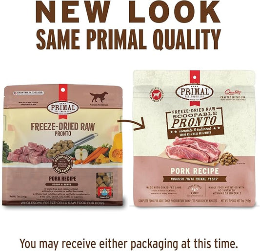 Primal Freeze Dried Dog Food, Pronto Mini Nuggets, Pork; Scoop & Serve, Complete & Balanced Meal; Also Use As Topper or Treat; Premium, Healthy, Grain Free, High Protein Raw Dog Food 16 oz (Pack of 2)