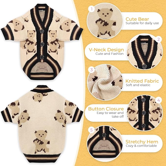 PETCARE Small Dog Sweater Cute Bear Dog Cardigan Coat Clothes for Small Medium Dogs Boy Girl Cat Sweaters Clothes for Cats Only Soft Warm Fall Winter Puppy Knitted Outfits Chihuahua Shih Tzu, Beige