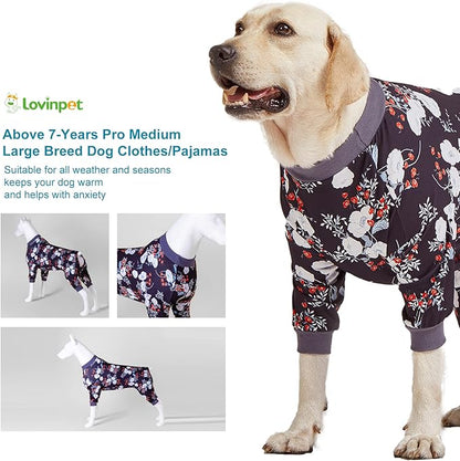 LovinPet Medium/Big Breeds Large Dog Pajamas, Anti Licking, Wound Care/Post Surgery Dogs Pajamas, Lightweight Stretchy Fabric, Beautiful Bouquets Black Print Large Dog Onesies, Pet PJ's/Medium