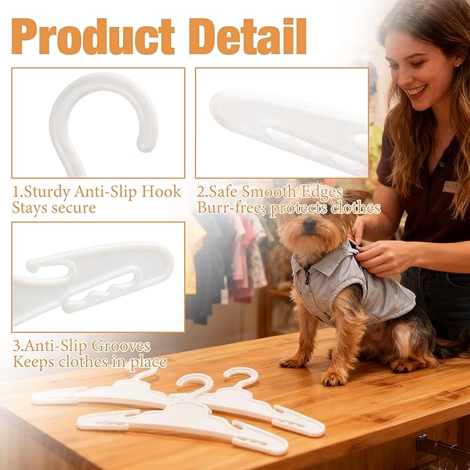 20 Pcs Dog Clothes Hangers 7 Inch White Plastic Pet Clothes Hangers with Non-Slip Clips, Cat Clothing Hangers, Pet Clothing Holders Coat Hangers for Small Pet Such as Dog & Cat Costumes