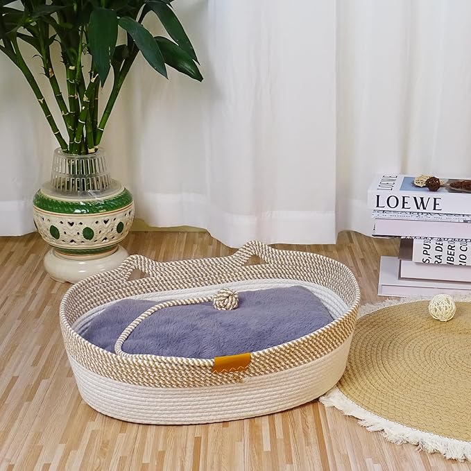 Pet Beds for Cats, Cat Beds for Indoor Cats 19.69"×13.78"×6.30",Cotton Rope Oval Cat Bed for All Seasons (with Cooler Straw Mat and Cotton Mat Both), Suitable for cats＆dogs (Two-Tone - Plush, Medium)