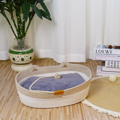 Pet Beds for Cats, Cat Beds for Indoor Cats 19.69"×13.78"×6.30",Cotton Rope Oval Cat Bed for All Seasons (with Cooler Straw Mat and Cotton Mat Both), Suitable for cats＆dogs (Two-Tone - Plush, Large)
