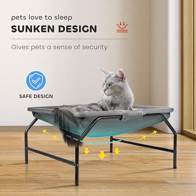 JUNSPOW Large Cat Hammock Bed - Free-Standing Square Pet Sleeping Bed, Detachable, Easy Assembly for Indoor/Outdoor Use (Gray)