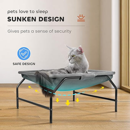 JUNSPOW Large Cat Hammock Bed - Free-Standing Square Pet Sleeping Bed, Detachable, Easy Assembly for Indoor/Outdoor Use (Gray)