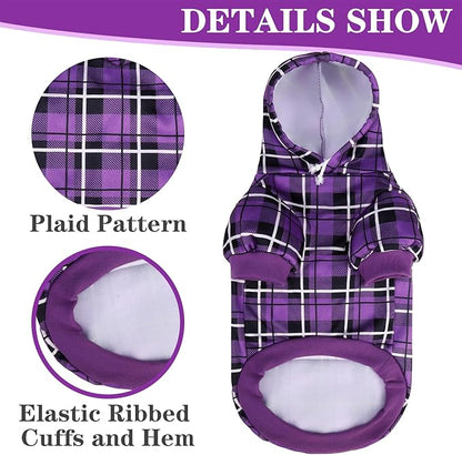 EXPAWLORER Plaid Dog Hoodie - British Style Warm Dog Sweater Shirt with Leash Hole,Pitbull Clothes Outfits,Winter Coat Apparel for All Breeds Puppy Girl Boy-Cat Apparel,Purple Medium