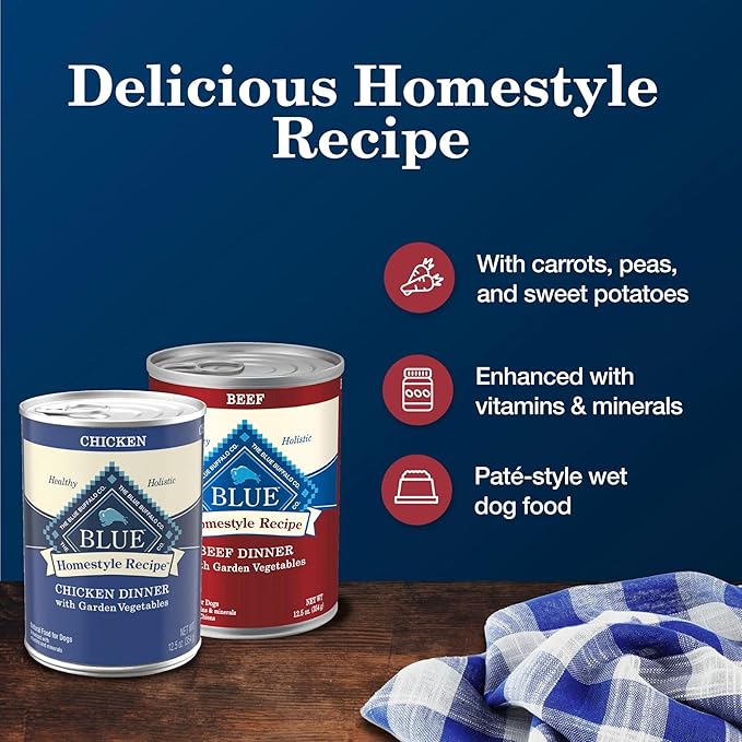 Blue Buffalo Homestyle Recipe Adult Wet Dog Food, Made with Natural Ingredients, Chicken and Beef Dinner Variety Pack, 12.5-oz Cans (6 Count, 3 of Each)