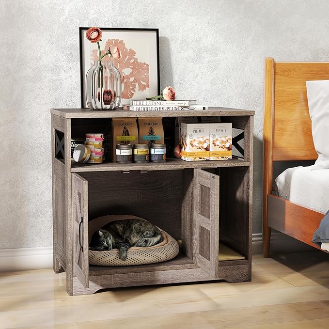 PETSITE Farmhouse Cat Litter Box Enclosure, Hidden Litter Box Enclosure Furniture with Open Storage Compartment, and Sisal Scratching Pad, Grey-Brown