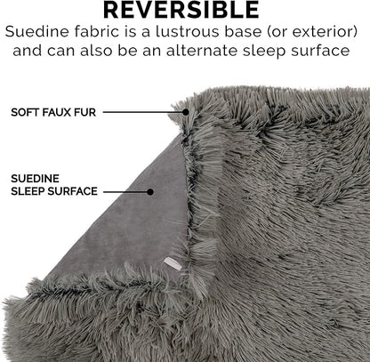 Furhaven Self-Warming Cat Bed for Indoor Cats, 4-Beds-in-1 & Washable - Plush Long Faux Fur Convertible Cuddler - Gray, Small