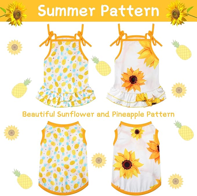 Frienda 4 Pieces Dog Clothes Set Include 2 Pcs Cute Pet Dress Lovely Dog Dress and 2 Pcs Breathable Pet T Shirt Puppy Clothes(Pineapple, Sunflower,Medium)