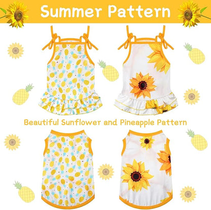 Frienda 4 Pieces Dog Clothes Set Include 2 Pcs Cute Pet Dress Lovely Dog Dress and 2 Pcs Breathable Pet T Shirt Puppy Clothes(Pineapple, Sunflower,Medium)
