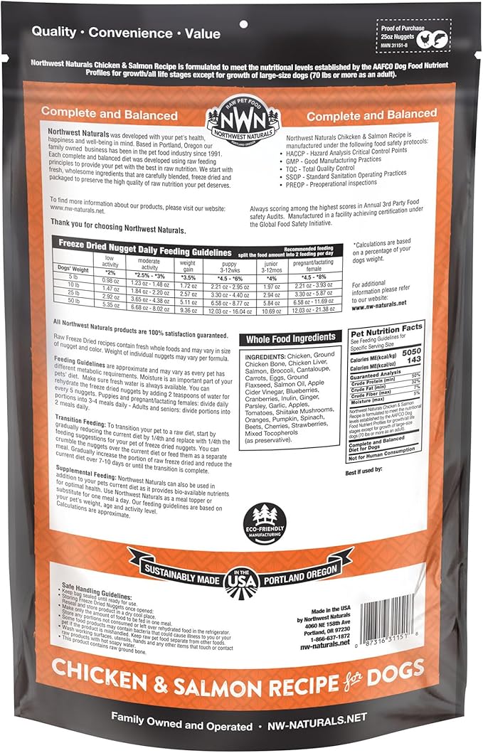 Northwest Naturals Freeze-Dried Chicken & Salmon Dog Food - Bite-Sized Nuggets - Grain-Free, High-Protein, Raw Diet, Human-Grade, Limited Ingredients, All Natural, Omega-3 for Skin & Coat - 25 Oz