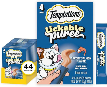 Temptations Creamy Puree Squeezable Lickable Cat Treats, Wet Cat Treats with Salmon, 0.42 oz. Tubes, 4 Count, Pack of 11 (44 Total)