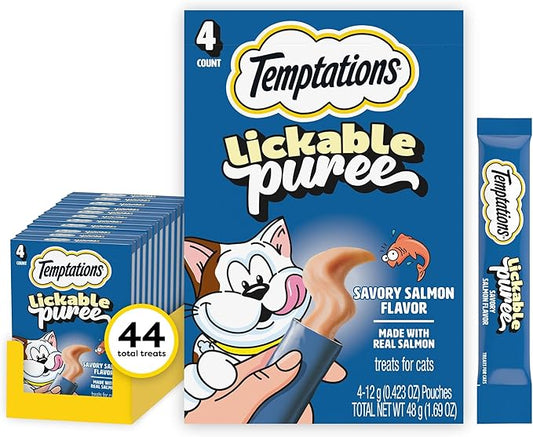 Temptations Creamy Puree Squeezable Lickable Cat Treats, Wet Cat Treats with Salmon, 0.42 oz. Tubes, 4 Count, Pack of 11 (44 Total)