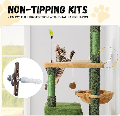 DWVO Cat Tree with Leaves for Large Cats: 72.8" Tall with Self-Grooming Brush, Cute Kitten Climbing Tower for Indoor Kittens with Cat Condo, Top Perch, Basktet, Sisal Scratching Posts, Dangling Ball