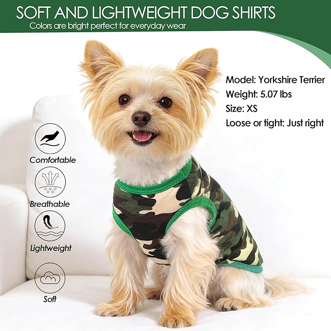 2 Pack Dog Shirts for Small Dogs Girl Boy Camouflage Puppy Clothes Pet T Shirts Dog Clothes for Small Dogs Cats Apparel (Green Camouflage + Solid Color, Medium)