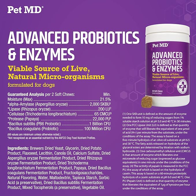 Pet MD Probiotics & Enzymes for Dogs - Gut Health Chews with Prebiotics - Digestive Aid for Dogs with Upset Stomach, Diarrhea, Constipation, or Gas - Functional Probiotics for Canines - 60 ct