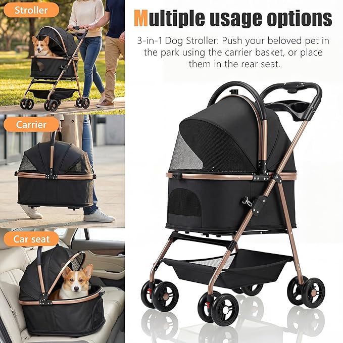 pet Stroller with Removable Carrier cat Dog Stroller with Aluminum Alloy Frame and 900D Oxford Fabric, Featuring one-Touch Folding,Includes rain Cover,for Travel, Walking,Shopping (Black)
