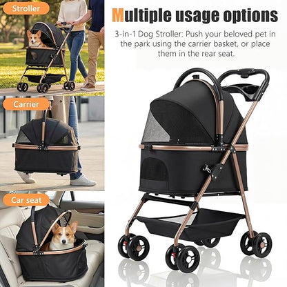 pet Stroller with Removable Carrier cat Dog Stroller with Aluminum Alloy Frame and 900D Oxford Fabric, Featuring one-Touch Folding,Includes rain Cover,for Travel, Walking,Shopping (Black)